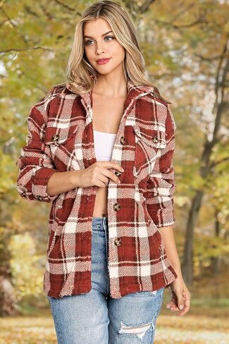 Love Tree Women's Cozy Soft Sherpa Teddy Coat Plaid Shacket in Kuwait
