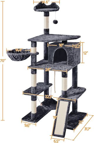 Yaheetech 70in Multi-Level Cat Tree Tower Condo Furniture with Sisal-Covered Scratching Posts, Plush Condos, Cozy Basket and Perch Hammock for Kittens Pet House Play in Saudi Arabia