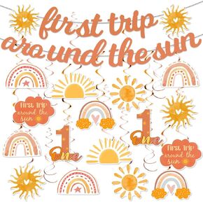 KORHONEN First Trip Around the Sun Birthday Decorations, Boho Sun 1st Birthday Decorations Include Sunshine Banner and Hanging Swirls, Sun Theme 1st Birthday Party Supplies
