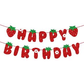 Strawberry Happy Birthday Banner, Glitter Strawberry Banner, Strawberry Theme Birthday Garland for Birthday Party Hanging Decorations