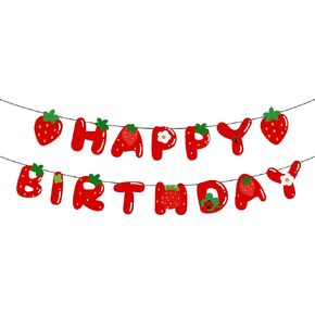 Strawberry Happy Birthday Banner, Glitter Strawberry Banner, Strawberry Theme Birthday Garland for Birthday Party Hanging Decorations