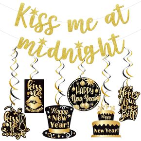 Gold Glitter Kiss Me At Midnight Banner with Hanging Swirl for Happy New Year Decorations 2025 New Years Eve Party Supplies 2025 New Years Eve Banner