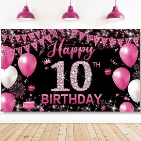 10th Birthday Banner Backdrop Hot Pink, Happy 10th Birthday Decoration For Girls, Fabric 10 Year Old Birthday Party Photo Props Yard Sign Background Decor Supplies, Indoor Outdoor(6.1 x 3.6ft)