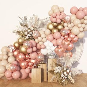 Amandir 153Pcs Boho Blush Balloon Garland Arch Kit, Double-Stuffed Nude Cream Peach Dusty Rose Pink Gold Confetti Metallic Balloon for Baby Shower Birthday Party Wedding Decorations