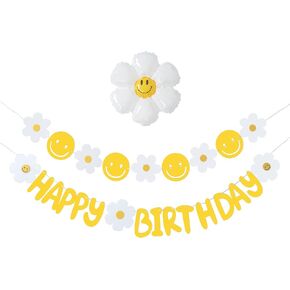 Happy Birthday Banner, Daisy Birthday Party Decorations with Daisy Balloon and Felt Daisy Smiley Face Birthday Banners for Boho Hippie Groovy Smiley Face Party Baby Shower Girl Birthday Decorations