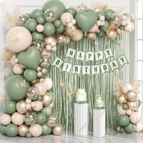 Sage Green Birthday Decorations, Gold Nude Sage Green Foil Balloons Happy Birthday Banner Green Fringe Curtains for Happy Birthday Decorations for Women Adults