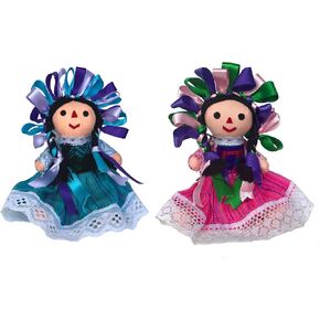 ALKIMIA INC Mexican Handmade Traditional Rag Dolls 2 Pack - 7 inches - Pink & Blue