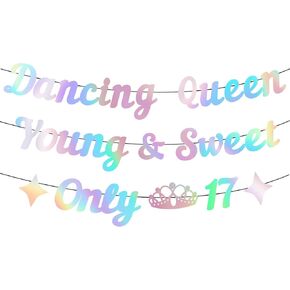 Dancing Queen Young & Sweet Only 17 Banner, Iridescent Happy 17th Birthday Party Decor for Girls, Dancing Queen 17th Birthday Party Decorations, Funny 17th Birthday Party Decorations