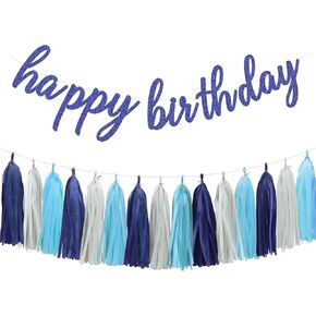 Blue Happy Birthday Decorations for Men Boys Women - Navy Blue Happy Birthday Banner and Paper Tassel Garland for Birthday Party Decorations