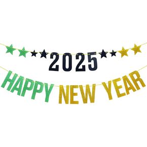 Runhiskii Happy New Year 2025 Banner, Green Gold Black Happy New Year Bunting Banner for New Years Eve Party Decorations 2025, Happy New Year Sign, New Years Decorations 2025