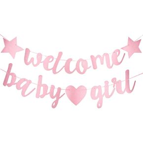 YARIEW Welcome Baby Girl Banner for Baby Shower Decorations Gender Reveal Blue Gold Glitter Paper Welcome Baby Sign Baby Shower Party Favors for Girl (Pink)