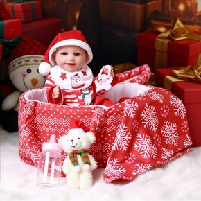 BABESIDE 9 Pcs Christmas Baby Doll Clothes with Bassinet for 12-15 Inch Baby Dolls, Baby Doll Accessories and Doll Clothes Outfit fit Newborn Baby Doll Girl, Babies Pretend Play Set