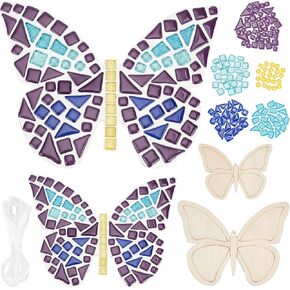 WEBEEDY Make 2 Butterfly Glass Mosaic Kit Creativity DIY Mosaic Glass Kit for Adults Include Glass Mosaic Tiles, Wooden Chips, Ribbon for Christmas Holiday Unique Decor Gift