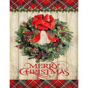 Diamond Art Kits for Adults DIY 5D Merry Christmas House Flag Coniferous Wreath Buffalo Plaid Wooden Diamond Art Paint with Diamonds Gem Art Painting Kit for Home Wall Decor Gifts 12x16inch …