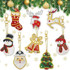 Hicarer 8 Pieces Christmas DIY Diamond Key Chain 5d DIY Diamond Key Chain Pendant Handicraft Key Chain Including The Patterns of Santa, Snowman, Elk and Stockings for Christmas Supplies