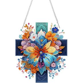 Eiflow DIY Cross Diamond Art Hanging Ornament Kit, 9.3x8inch Flower Diamonds Painting Pendant for Adults, DIY Acrylic Board Gem Painting Kit, Box Package
