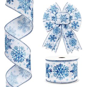 Christmas Wired Edge Ribbon Watercolor Blue Snowflake Craft Ribbon Winter Holiday Fabric Ribbon for Wreath Bow Making DIY Gift Wrapping, 12 Yards