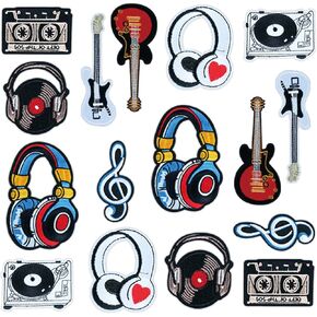 16 Pcs Iron on Patches for Clothes,Hip hop Music Style Patches Stickers,Guitar Note Earphone Iron on Patches Sew on Patches for Jackets Pants Hat Shoes Jeans,DIY Embroidery Patch Sew on Patches