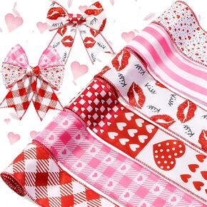 Yunlly 6 Rolls Valentine‘s Day Wired Edge Ribbon 2.5 Inch Love Heart Buffalo Plaid Lips Stripes Sweet Dots Ribbon with Wire for Valentine‘s Day Anniversary DIY Wreath Crafts (Elegant)