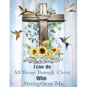 CLAKINLA Christ Inspirational Diamond Art Painting Kits for Adults, 5D Cross Flowers Diamond Art Painting Kits for Beginners, Jesus Gem Painting Kit for Home Wall Decor Gifts 12x16inch