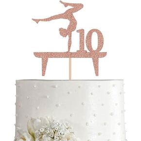 Rose Gymnastic 10 Cake Topper, Girl Rose Gold Glitter Gymnast 10th Birthday Party Decoration