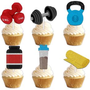 18pcs Glitter Fitness Equipment Dessert Cupcake Topper Pick for Gym Fitness Weight Lifting Sports Theme Decor Supplies Men Women Boys Happy Birthday Party Decorations