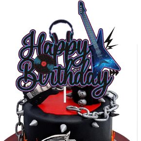 Electric Guitar Happy Birthday Cake Topper Black Purple Glitter Rock and Roll Musical Music Notes Theme Birthday Cake Decor Rock Music Vintage Rock Party Decoration Supplies for Kids Boys Girls