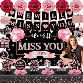 Farewell Party Decorations Supplies Kit,Rose Gold We Will Miss You Decorations Include We Will Miss You Banner Backdrop Table Toppers Paper Pompoms Going Away Party Hanging Swirls Decorations