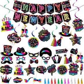 Civaner 51 Pcs New Years Eve Party Supplies 2025 Neon Happy New Year Banner Ceiling Hanging Swirls Photo Booth Props Blowers Noisemakers New Year Party Decoration Holiday Celebration Favors Home Decor