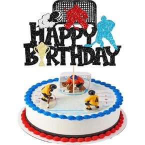 1Pc Hockey Happy Birthday Cake Topper Glitter Ice Hockey Player Sports Theme Cake Pick Decorations for Hockey Theme Baby Shower Boys Girls Birthday Party Supplies Black