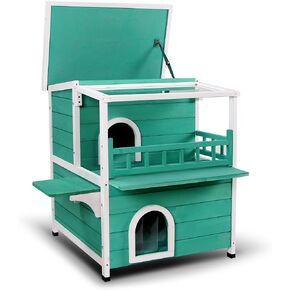 2-Story Wooden Outdoor/Indoor Luxurious Cat Shelter House Condo with Transparent PVC Canopy 6012-0509BL (Green)