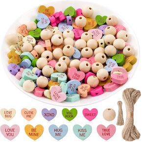Haooryx Valentine's Day Wooden Beads - 121Pcs Colorful Conversation Heart Beads with Rope XOXO Hug Me True Love Natural Wood Beads Bulk for Crafts Valentines DIY Garland Party Ornament Supplies