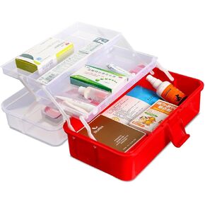 12in Three-Layer Multipurpose Storage Box, Folding Tool Box/Art & Crafts Case/Sewing Supplies Organizer/Medicine Box/Family First Aid Box with 2 Trays