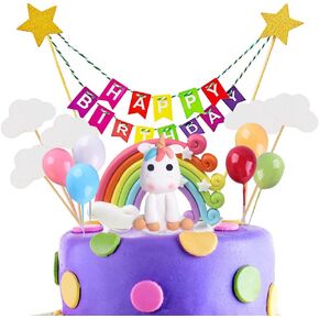 Xihuimay 16pcs Cake Topper Set - Happy Birthday Banner Topper, Handmade Cupcake Topper Including Colorful Rainbow Clouds, Balloon Stars Picks for Boys & Girls Birthday Party Decoration