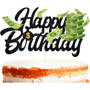 Black Glitter Dollar Sign Money Cake Topper for Women Man Boy Girl Happy Birthday Cake Decoration Entrepreneurship Casino Theme Party Decor Supplies