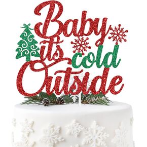 Red Glitter Baby It's Cold Outside Cake Topper, A Little Snowflake is on the Way/Oh Deer He is Almost Here, Winter Christmas Themed Baby Shower Party Decorations Supplies