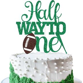 Green Glitter Half Way to One Cake Topper, It's My 1/2 Birthday/1/2 Way to One, Soccer Football Themed Baby's 6 Months Birthday Party Decorations for Baby Boys Girls