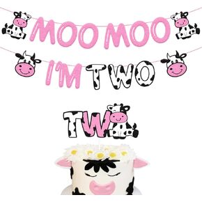 Moo Moo I’m Two Birthday Decoration Cow Theme 2nd Birthday Banner Cow Two Cake Topper Kids Boy Girl’s Happy Second Birthday Party Supplies Glitter Pink Decor