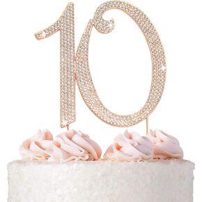 10 Cake Topper - Premium Rose Gold Metal - 10th Birthday or Anniversary Party Sparkly Rhinestone Decoration Makes a Great Centerpiece - Now Protected in a Box