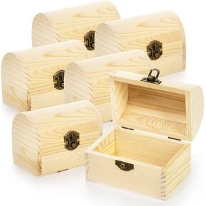 Tosnail 6 Pack Unfinished Wooden Treasure Chest, 4.7 x 3 x 3.5 Inches Small Kids Treasure Chest Box, Wood Box with Hinged Lid, Mini Lock Box for Crafts, Gift, Trinket, Jewelry