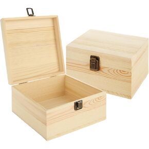 2 Pack Unfinished Wooden Box with Hinged Lid, Wooden Storage Box Container Keepsake Box, Vintage Wood Gift Boxes for DIY Crafts, Art Hobbies, Jewelry Box and Home Storage 7.7'' x 7.7'' x 3.9''