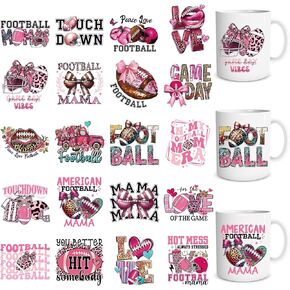 Football UV DTF Cup Wrap - 20 Sheets Pink Bow UV DTF Cup Wraps for 16 OZ Glass Cups, Coquete UVDTF Decals, Sport Rub on Transfer Stickers for Mug Tumbler, DIY Crafts