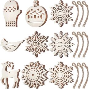 45 Pieces Christmas Unfinished Ornaments Snowflake Reindeer Wooden Ornaments Christmas Hanging Embellishment Crafts with Ropes for DIY Christmas Decoration Supplies