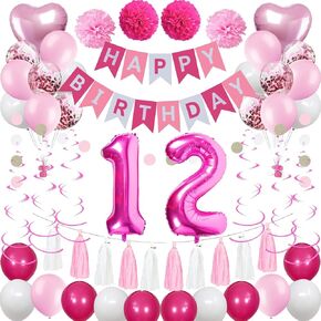 Sweet 12th Birthday Decorations for Girls, Pink and White 12 Happy Birthday Balloons，12th Birthday Party Supplies for Daughter Her Kids Including Pink Happy Birthday Banner, Hot Pink Number 12 Foil