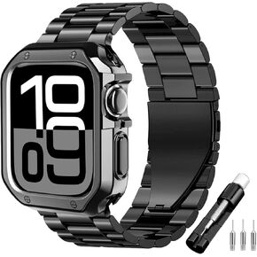 iTecFree for Apple Watch Metal Band with Case 45mm 44mm 42mm 41mm 40mm 38mm,Stainless Steel Bands Men Sports Wrist Strap and TPU Soft Case for iWatch SE Series 8 7 6 5 4 3 2 1