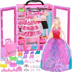 BETTINA Doll Clothes Closet for 11.5 Inch Doll, Doll Closet with Clothes and Accessories, Includes Dress, Pants, Hangers, Suitcase Bags, Shoes, Necklace, Crown, Doll Wardrobe with Doll Clothing
