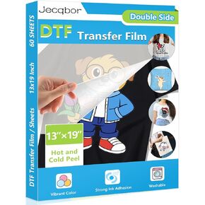 فيلم نقل Jecqbor DTF مقاس 13x19 بوصة، A3+ Plus ورق PET شفاف غير لامع على الوجهين 60 ورقة، ورق DTF لاختراق التسامي، طباعة مباشرة على جميع الأقمشة والألوان والقمصان والمنسوجات