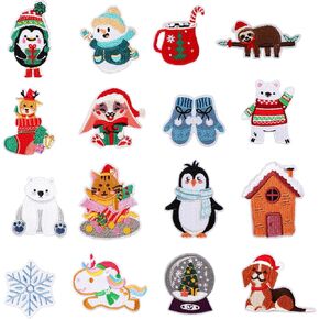 16pcs Winter Themed Iron on Patches, 16 Style Winter Embroidery Patches Sew on Embroidered Applique Snowflake Penguin Bear Snowman Patch Holiday DIY Crafts Accessories for Clothes Shoes Bags Hats