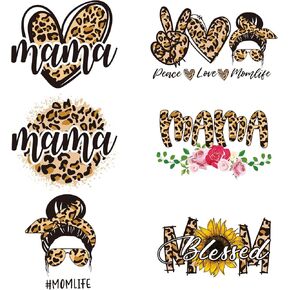 Whaline 6 Sheet Mama Iron On Transfers Patches Leopard Patterns Heat Transfer Iron Patches Leopard Momlife Heat Transfer Stickers for Clothing Fabric DIY Craft Costume Decor