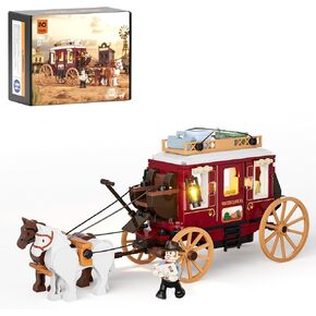 FUNWHOLE Western Stagecoach Lighting Building-Bricks Set - Old West Carriage and Horse 293 Pcs Collection Display Set for West Lovers